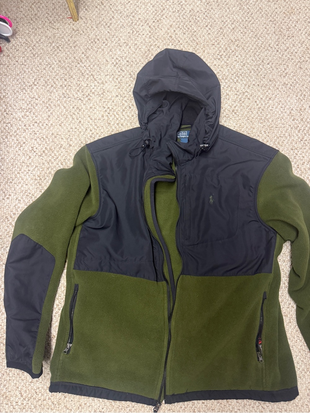 Ralph Lauren Olive Green and Black Hooded Fleece Jacket with Nylon Panels